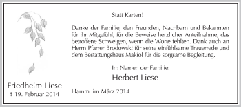 Traueranzeige von Friedhelm Liese von MZV