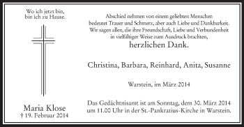Traueranzeige von Maria Klose von MZV
