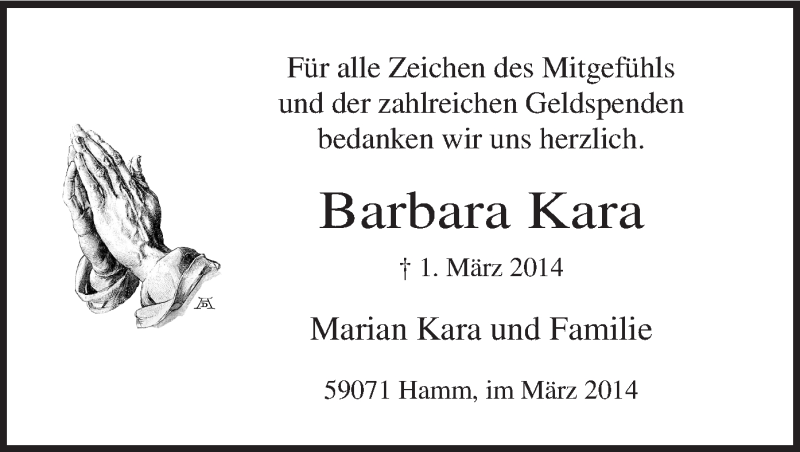  Traueranzeige für Barbara Kara vom 22.03.2014 aus MZV