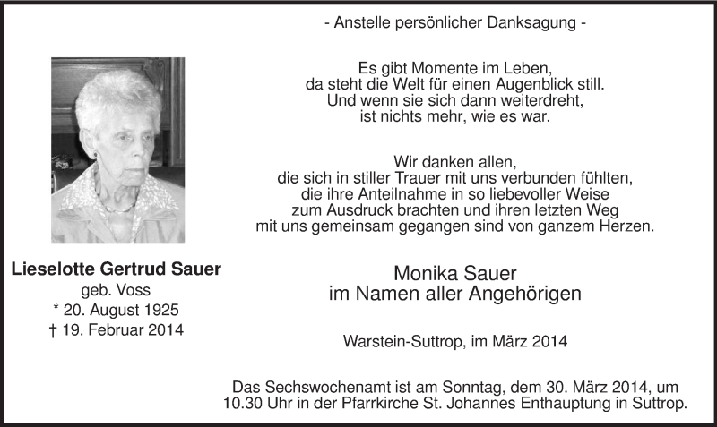  Traueranzeige für Lieselotte Gertrud Sauer vom 22.03.2014 aus MZV