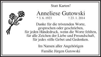 Traueranzeige von Anneliese Gutowski von MZV