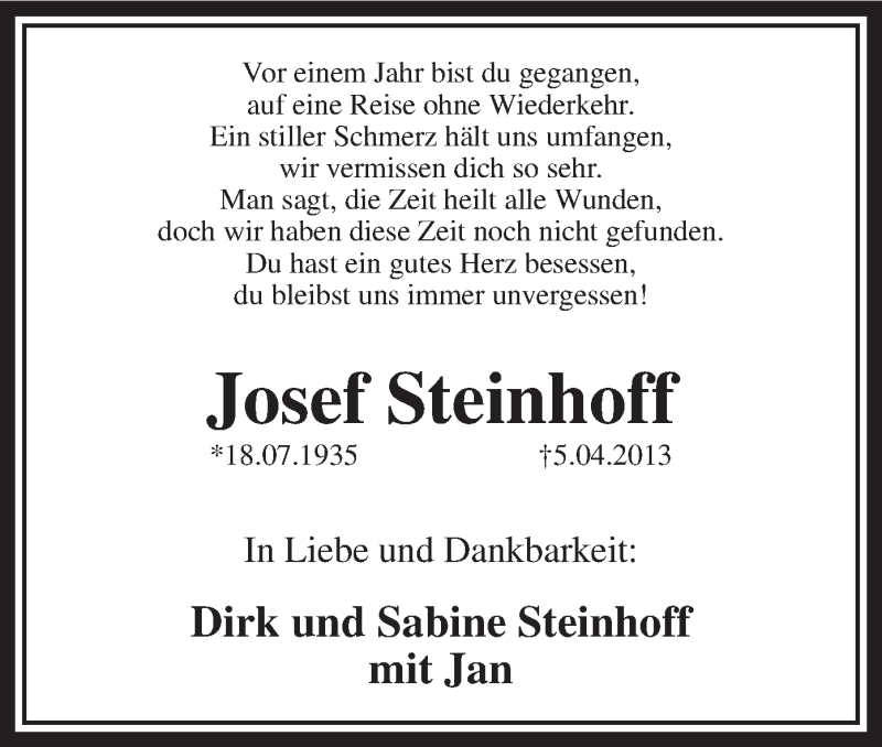  Traueranzeige für Josef Steinhoff vom 05.04.2014 aus MZV