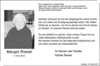 Traueranzeige von Margot Riedel von MZV