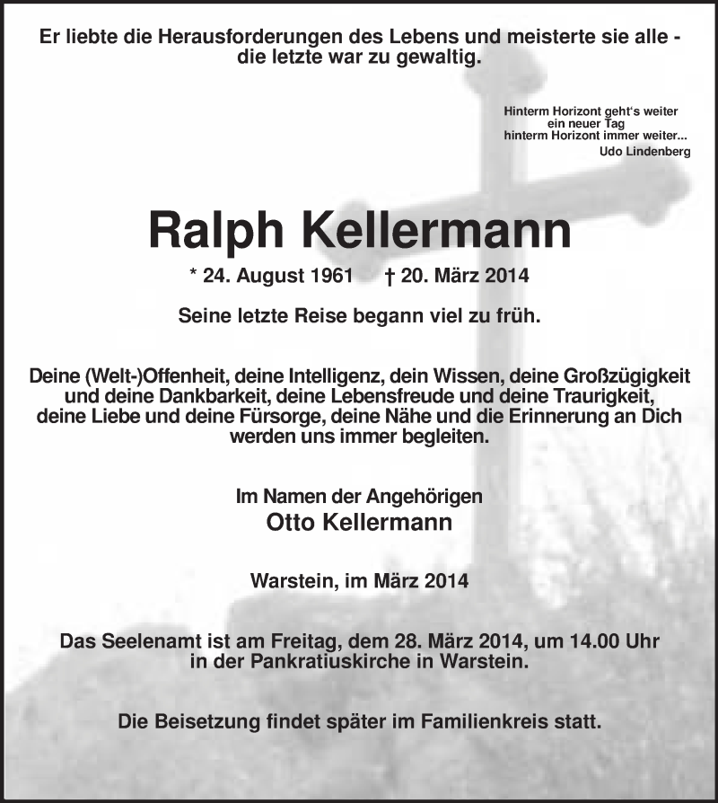  Traueranzeige für Ralph Kellermann vom 25.03.2014 aus MZV