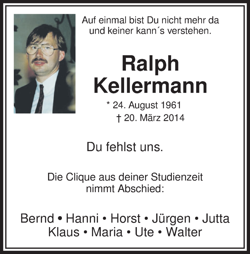 Traueranzeige für Ralph Kellermann vom 26.03.2014 aus MZV
