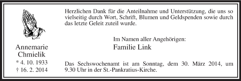  Traueranzeige für Annemarie Chmielik vom 29.03.2014 aus MZV