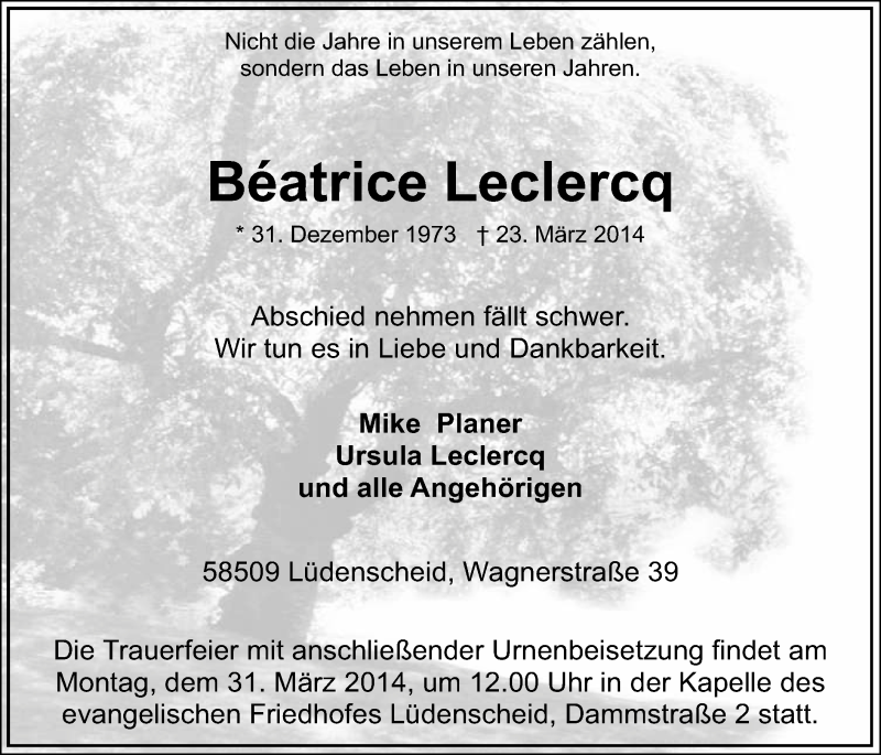  Traueranzeige für Béatrice Leclercq vom 26.03.2014 aus MZV