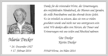 Traueranzeige von Maria Decker von MZV