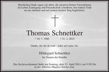 Traueranzeige von Thomas Schnettker von MZV