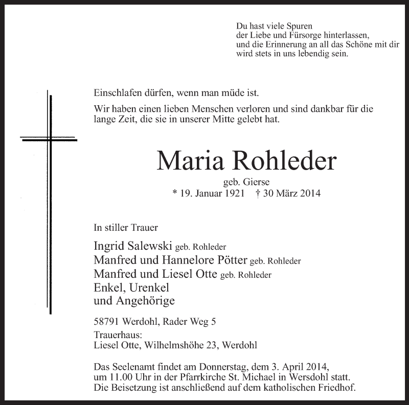  Traueranzeige für Maria Rohleder vom 01.04.2014 aus MZV