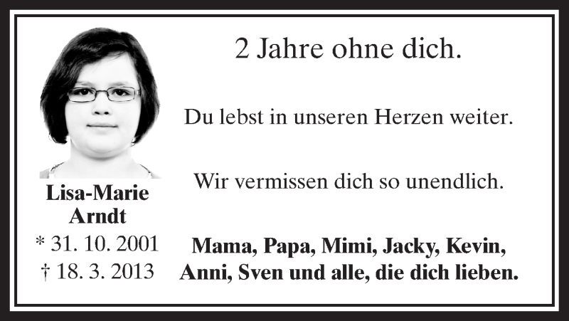  Traueranzeige für Lisa-Marie Arndt vom 18.03.2015 aus MZV