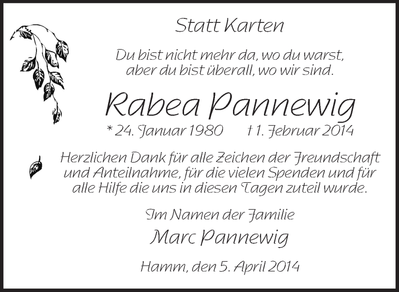  Traueranzeige für Rabea Pannewig vom 05.04.2014 aus MZV