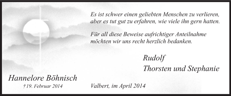  Traueranzeige für Hannelore Böhnisch vom 12.04.2014 aus MZV