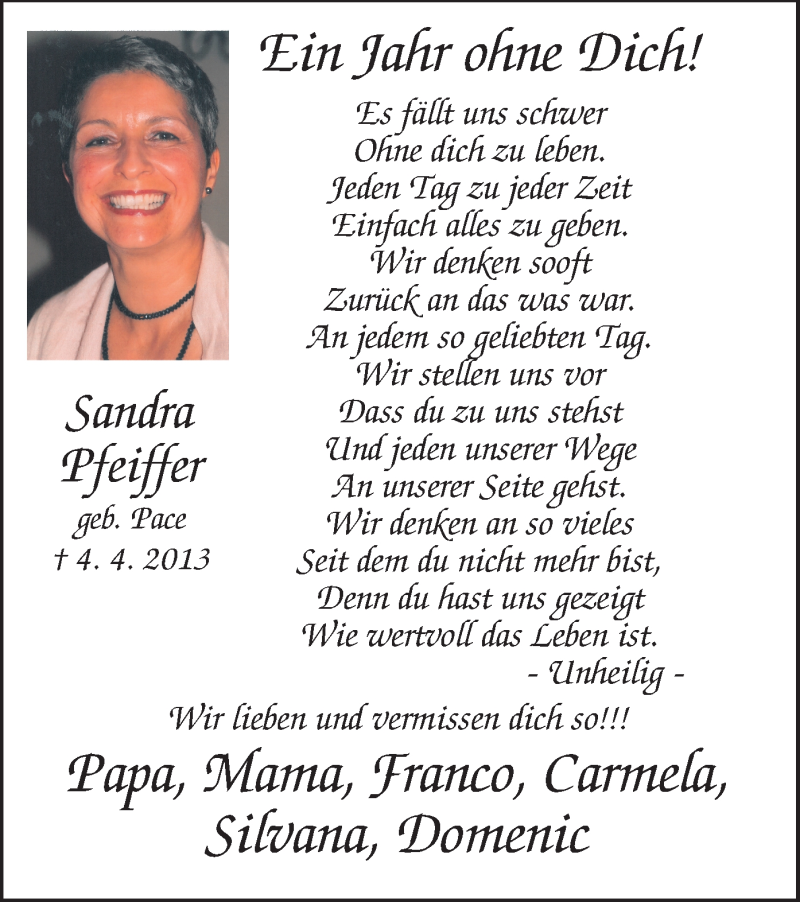  Traueranzeige für Sandra Pfeiffer vom 04.04.2014 aus MZV