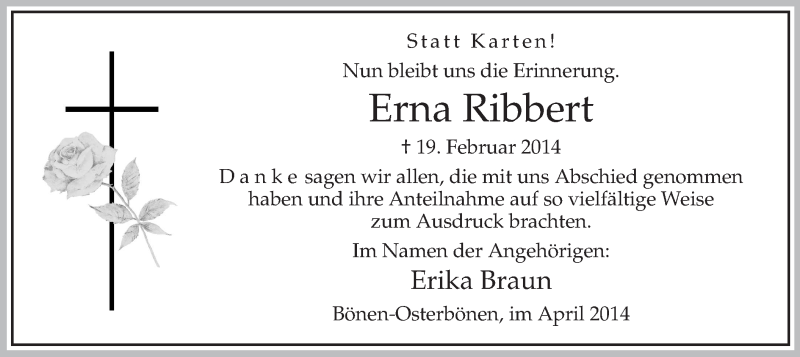  Traueranzeige für Erna Ribbert vom 04.04.2014 aus MZV