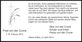 Traueranzeige von Fred von der Crone von MZV