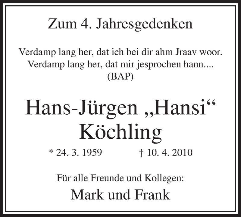  Traueranzeige für Hans-Jürgen Köchling vom 10.04.2014 aus MZV
