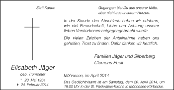 Traueranzeige von Elisabeth Jäger von MZV