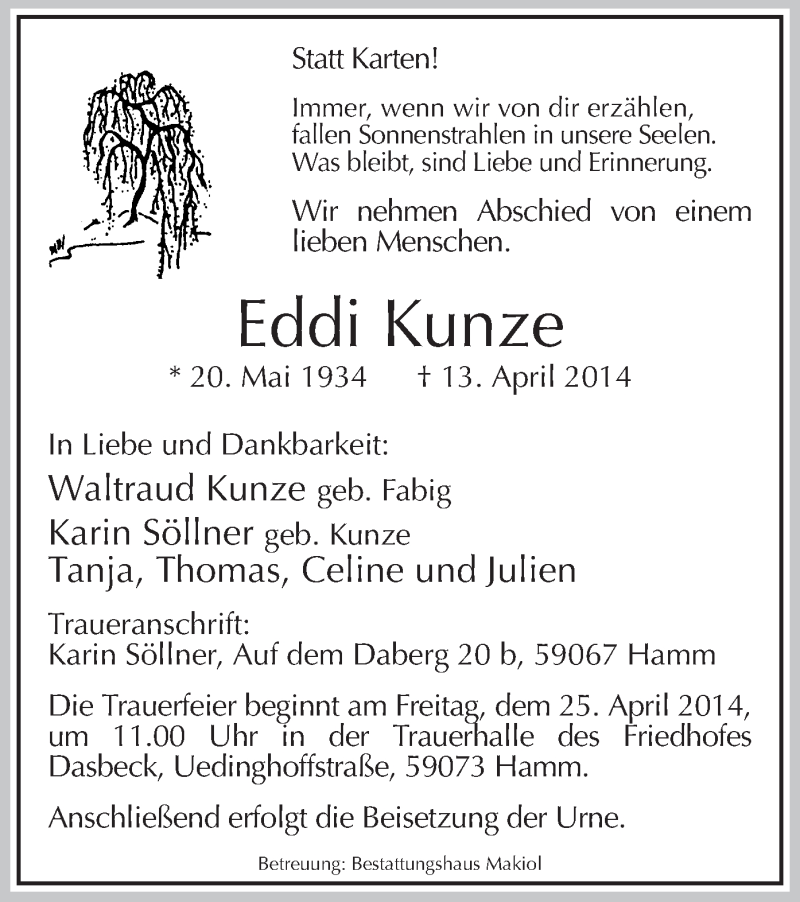  Traueranzeige für Eddi Kunze vom 19.04.2014 aus MZV