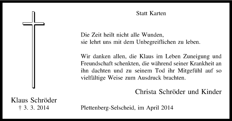 Traueranzeige für Klaus Schröder vom 23.04.2014 aus MZV