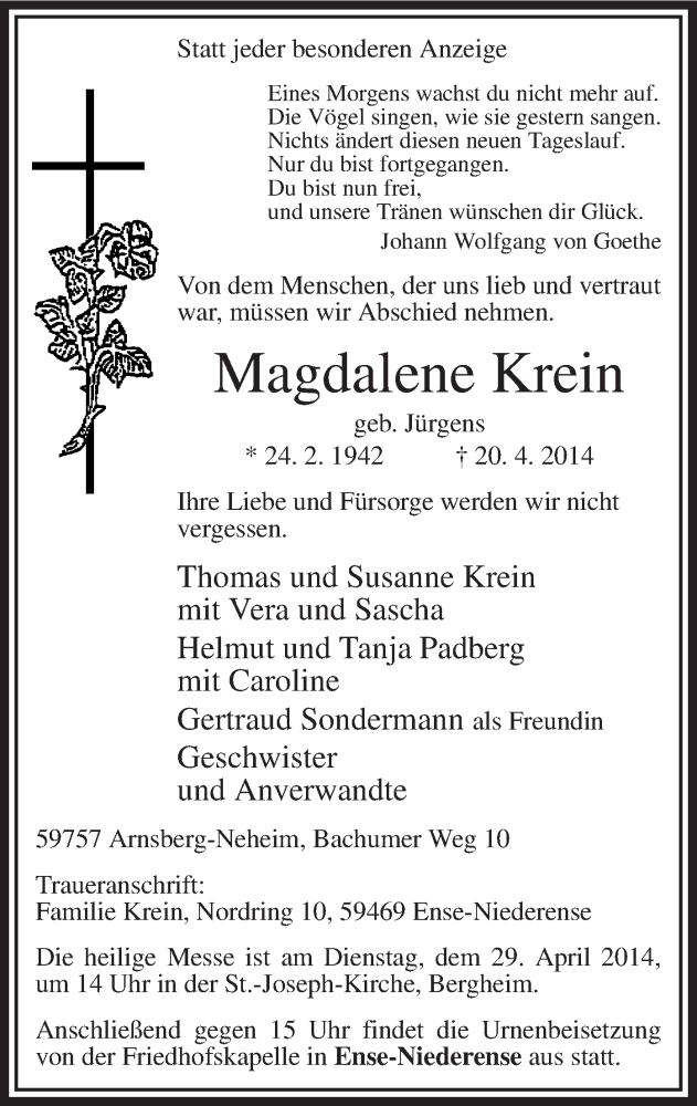  Traueranzeige für Magdalene Krem vom 23.04.2014 aus MZV