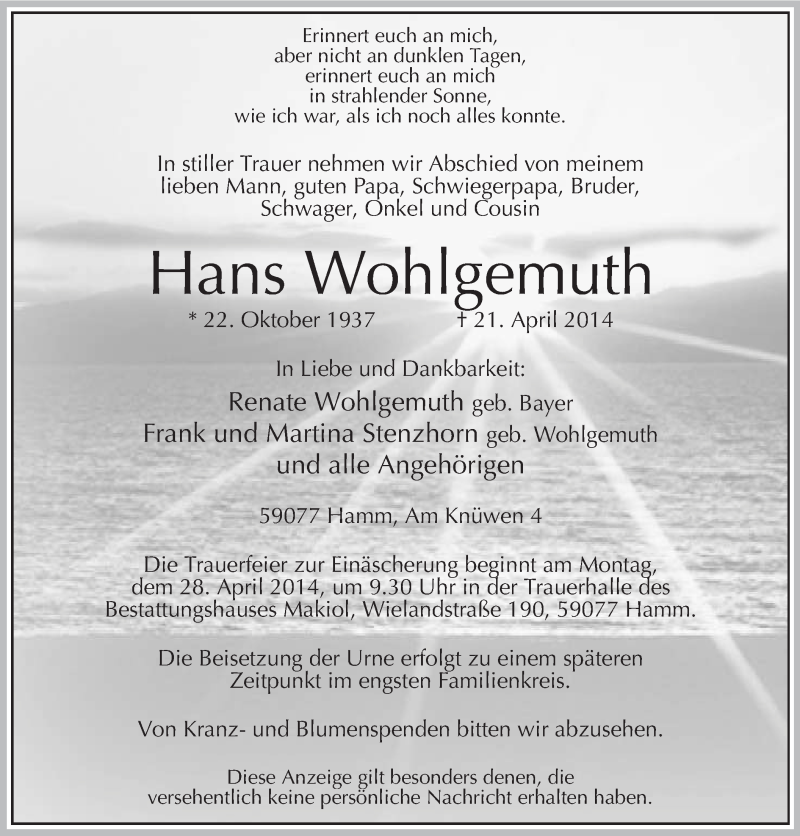  Traueranzeige für Hans Wohlgemuth vom 24.04.2014 aus MZV