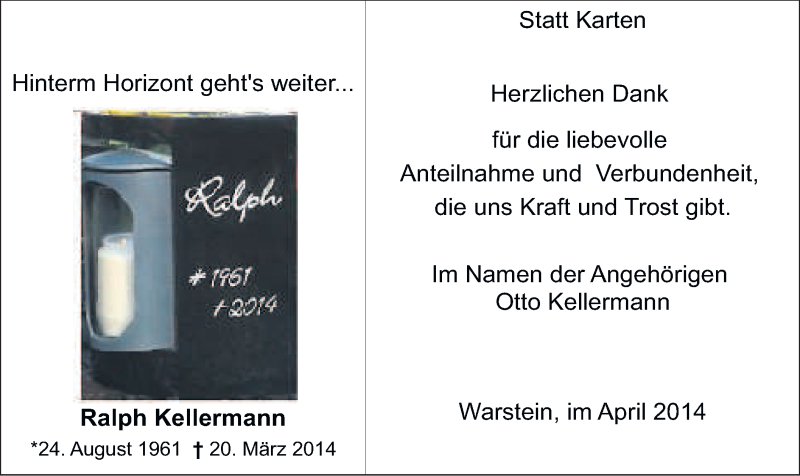  Traueranzeige für Ralph Kellermann vom 29.04.2014 aus MZV