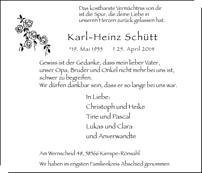  Traueranzeige für Karl-Heinz Schütt vom 03.05.2014 aus MZV