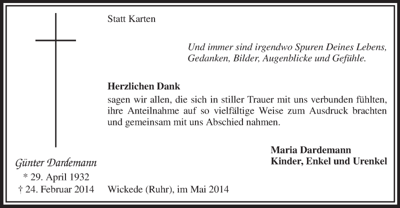  Traueranzeige für Günter Dardemann vom 03.05.2014 aus MZV