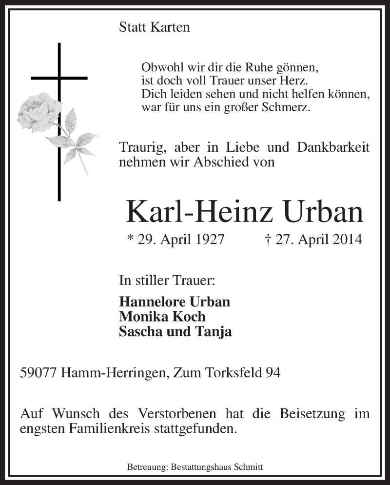  Traueranzeige für Karl-Heinz Urban vom 03.05.2014 aus MZV