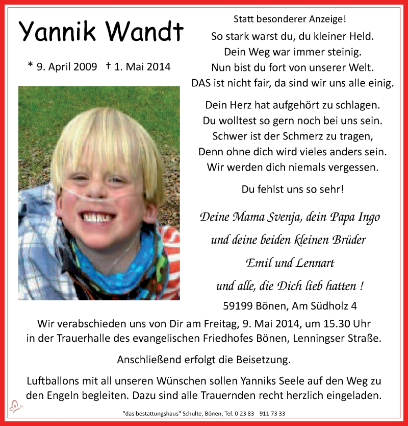  Traueranzeige für Yannik Wandt vom 05.05.2014 aus MZV
