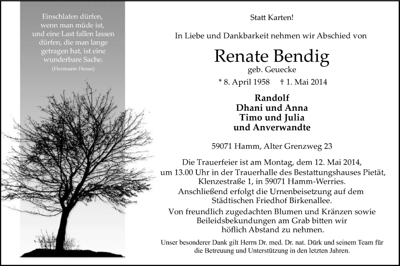  Traueranzeige für Renate Bendig vom 06.05.2014 aus MZV