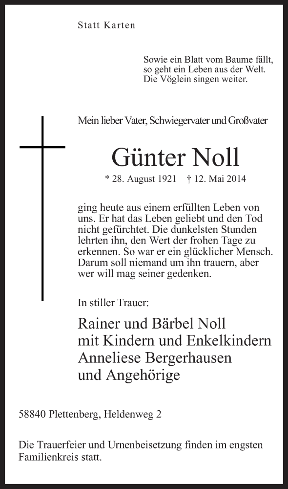  Traueranzeige für Günter Noll vom 17.05.2014 aus MZV