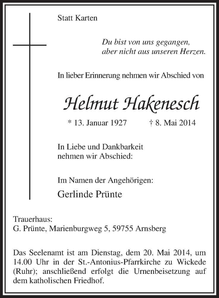  Traueranzeige für Helmut Hakenesch vom 17.05.2014 aus MZV