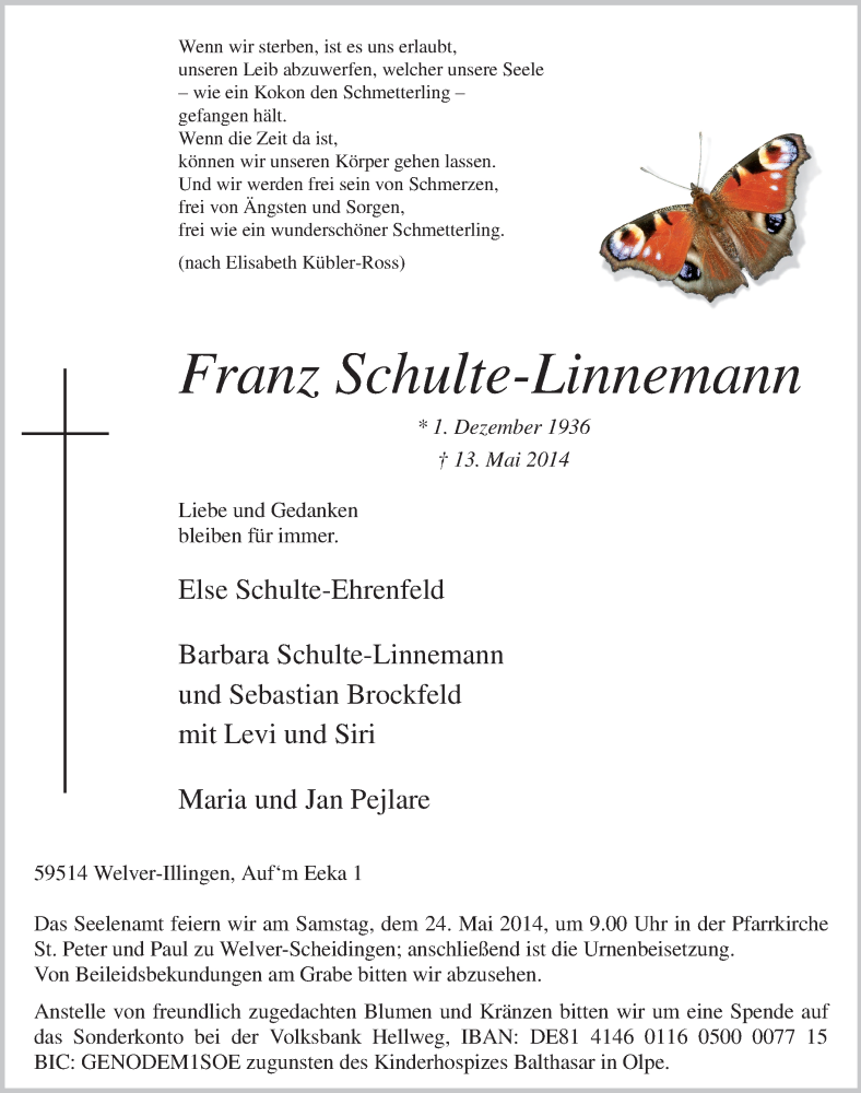  Traueranzeige für Franz Schulte-Linnemann vom 20.05.2014 aus MZV