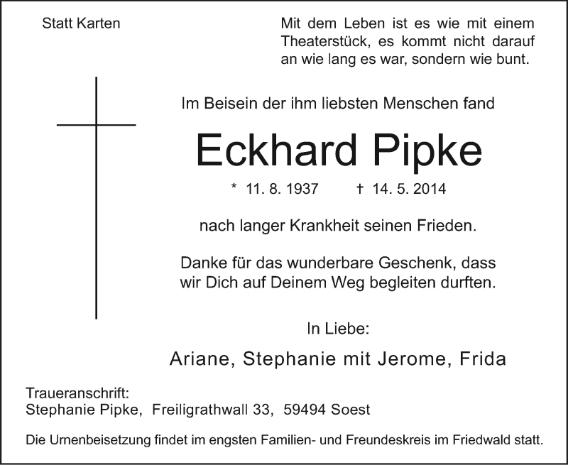  Traueranzeige für Eckhard Pipke vom 19.05.2014 aus MZV