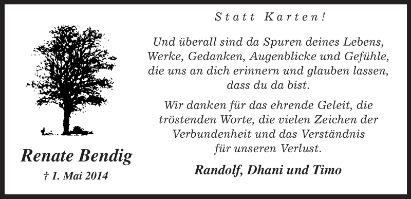  Traueranzeige für Renate Bendig vom 24.05.2014 aus MZV