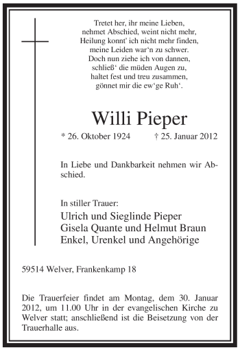 Traueranzeige von Willi Pieper von WESTFÄLISCHER ANZEIGER