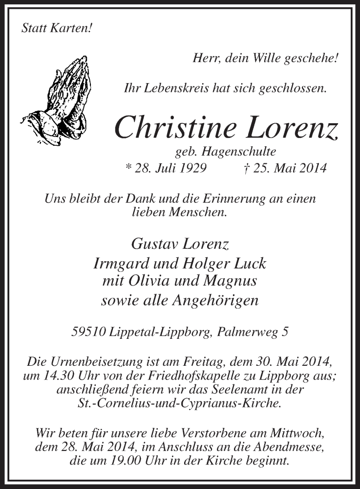  Traueranzeige für Christine Lorenz vom 27.05.2014 aus MZV
