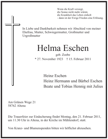 Traueranzeige von Helma Eschen von WESTFÄLISCHER ANZEIGER