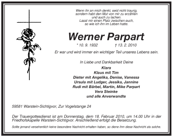 Traueranzeige von Werner Parpart von WESTFÄLISCHER ANZEIGER