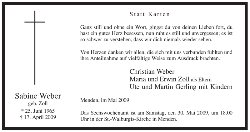  Traueranzeige für Sabine Weber vom 23.05.2009 aus WESTFÄLISCHER ANZEIGER