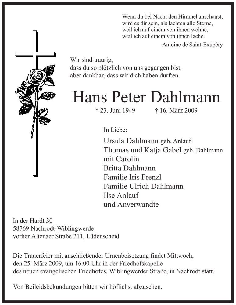  Traueranzeige für Hans Peter Dahlmann vom 19.03.2009 aus WESTFÄLISCHER ANZEIGER