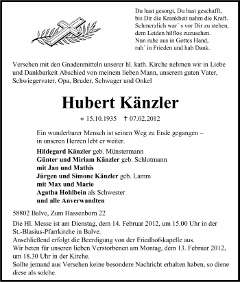 Traueranzeige von Hubert Känzler von WESTFÄLISCHER ANZEIGER