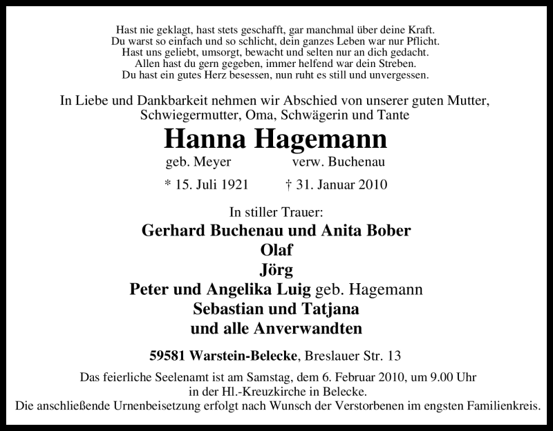  Traueranzeige für Hanna Hagemann vom 05.02.2010 aus WESTFÄLISCHER ANZEIGER
