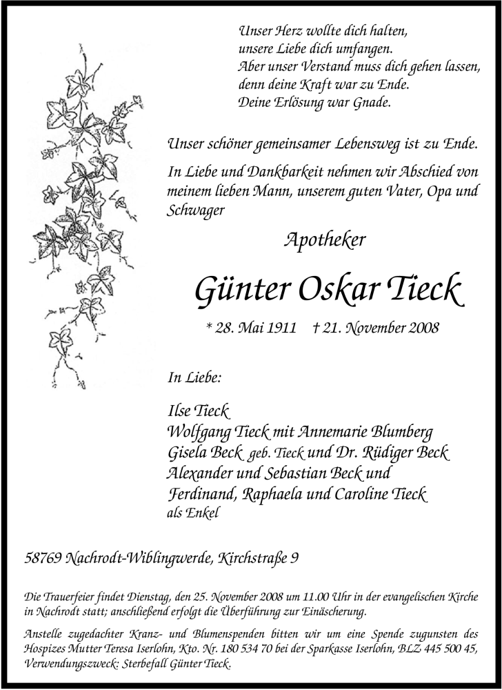  Traueranzeige für Günter Oskar Tieck vom 22.11.2008 aus WESTFÄLISCHER ANZEIGER