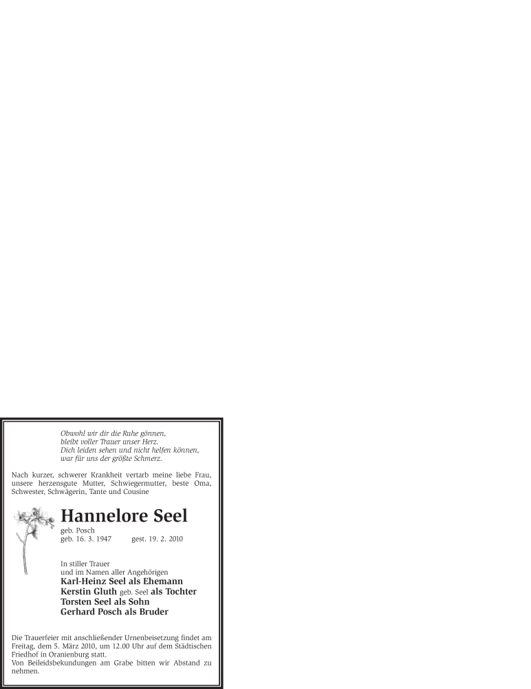  Traueranzeige für Hannelore Seel vom 27.02.2010 aus WESTFÄLISCHER ANZEIGER