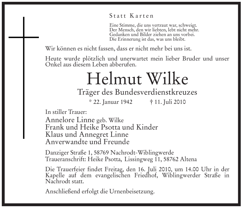  Traueranzeige für Helmut Wilke vom 13.07.2010 aus WESTFÄLISCHER ANZEIGER