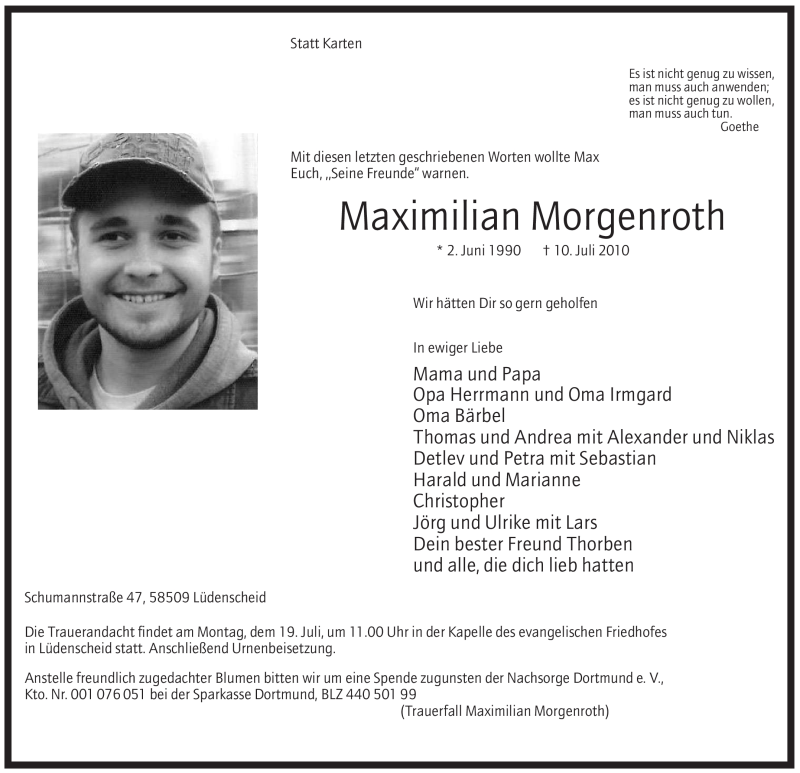  Traueranzeige für Maximilian Morgenroth vom 14.07.2010 aus WESTFÄLISCHER ANZEIGER