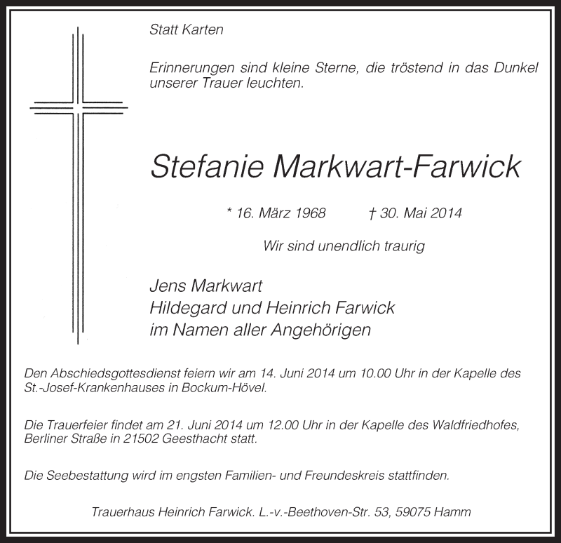  Traueranzeige für Stefanie Markwart-Farwick vom 13.06.2014 aus MZV